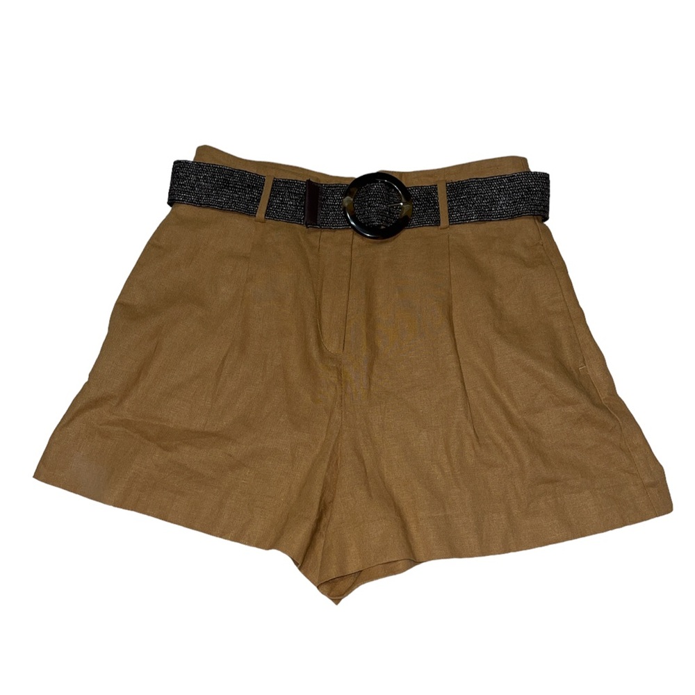 Zara tan linen pleated front belted shorts high waisted size large